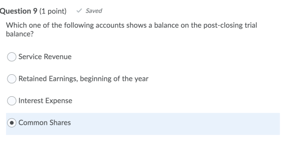 Question 9 (1 point) v Saved Which one of the following accounts shows a balance on the post-closing trial balance? O Service