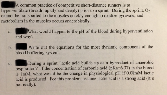 A common practice of competitive short-distance runners is to hyperventilate (breath rapidly and deeply) prior to a sprint. During the sprint, O2 cannot be transported to the muscles quickly enough to oxidize pyruvate, and metabolism in the muscles occurs anaerobically. a. hat would happen to the pH of the blood during hyperventilation and why? b. Write out the equations for the most dynamic component of the blood buffering system. C. During a sprint, lactic acid builds up as a byproduct of anaerobic respiration? If the concentration of carbonic acid (pKa-6.37) in the blood is 1mM, what would be the change in physiological pH if 0.08mM lactic acid is produced. For this problem, assume lactic acid is a strong acid (its not really).