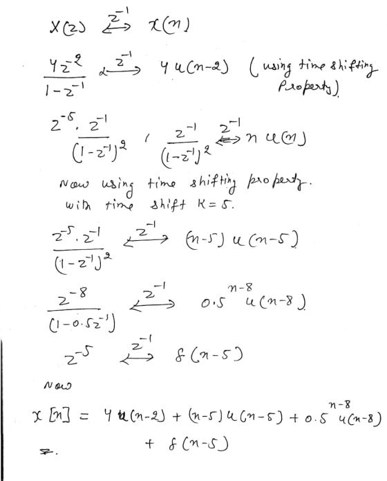 423 Š recom) 2 yu(n-2) T-2 using time shifting - Property) 2 num] 2 Now using time shifting property. with time shift k=8. 25