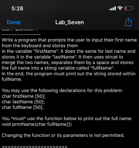 5:28 . O Done Lab_Seven Lun, wuUULIVIL - - - - - - - - Write a program that prompts the user to input their first name, from