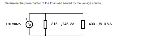 Determine the power factor of the total load served by the voltage source. 120 VRMS 816 - j246 VA || 400 +j810 VA