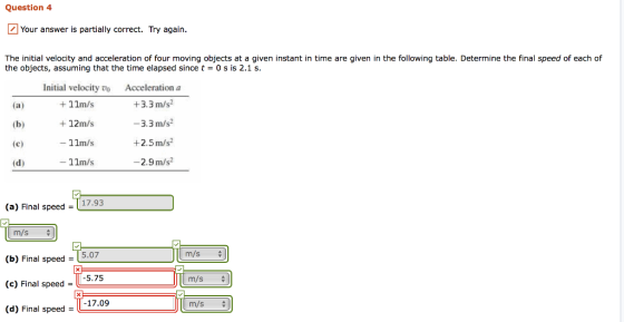 Question 4 Your answer is partially correct. Try again The initial velocity and acceleration of four moving objects at a given instant in time are given in the following table. Determine the final speed of each of the objects, assuming that the time elapsed since t-0 s is 2.1 s Initial velocity vo +11m/s 12m/s - 11m/s Acceleration a +3.3 m/s -3.3 m/s2 +2.5 m/s2 -2.9 m/s2 11m/s 17.93 (a) Final speed m/s (b) Final speed - 5.07 (c) Final speed (d) Final speed m/s+ 5.75 m/s -17.09 m/s