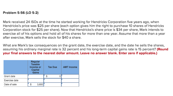 Problem 5-56 (LO 5-2) Mark received 24 ISOs at the time he started working for Hendricks Corporation five years ago, when Hen