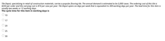Tile Depot, specializing in retail of construction materials, carries a popular flooring tile. The annual demand is estimated