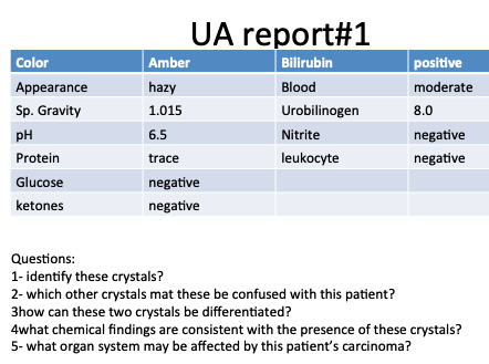 Color Appearance Sp. Gravity UA report#1 Amber Bilirubin hazy Blood 1.015 Urobilinogen 6.5 Nitrite trace leukocyte positive m