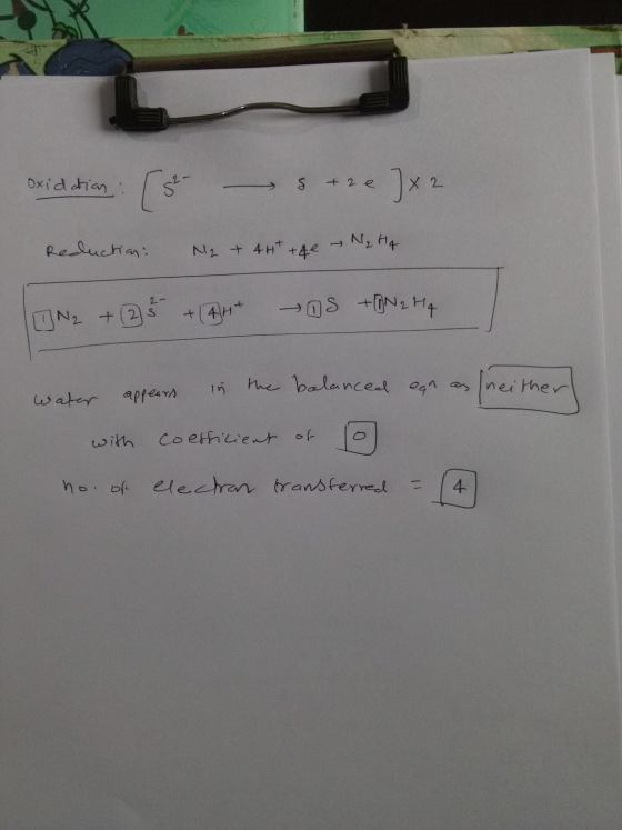 oxidatian : ( s stre] X2 Reduction: N2 + 4Ht the Ny Hq LJN₂ + (2 5 + (BH+ OS +BN2 Hq water appears in the balanced ear as nei