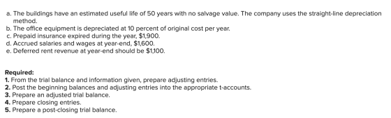 a. The buildings have an estimated useful life of 50 years with no salvage value. The company uses the straight-line deprecia