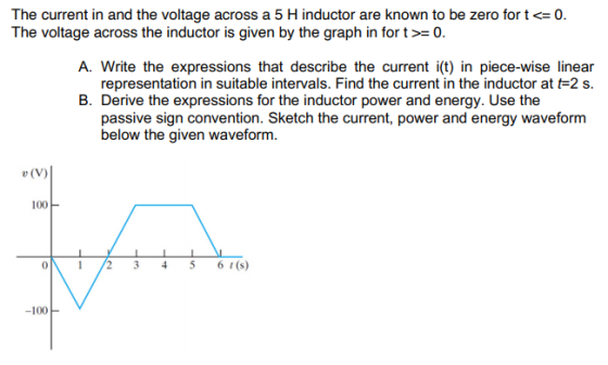 The current in and the voltage across a 5 Hinductor are known to be zero fort <= 0. The voltage across the inductor is given