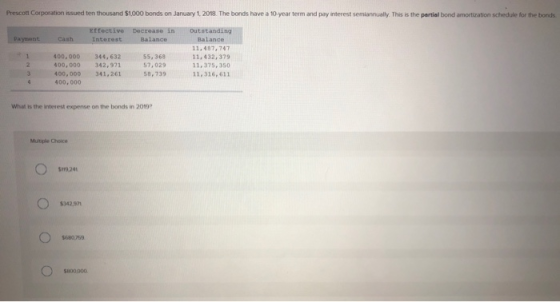 Prescott Corporation issued ten thousand $1,000 bonds on January 1 2018. The bonds have a 10 year term and pay interest semia