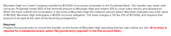 Mountain High Ice Cream Company transferred $71,000 of accounts receivable to the Prudential Bank. The transfer was made with