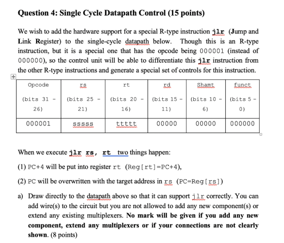 Question 4: Single Cycle Datapath Control (15 points) We wish to add the hardware support for a special R-type instruction jl