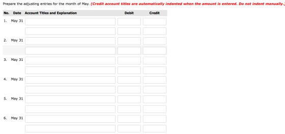 Prepare the adjusting entries for the month of May. (Credit account titles are automatically indented when the amount is ente