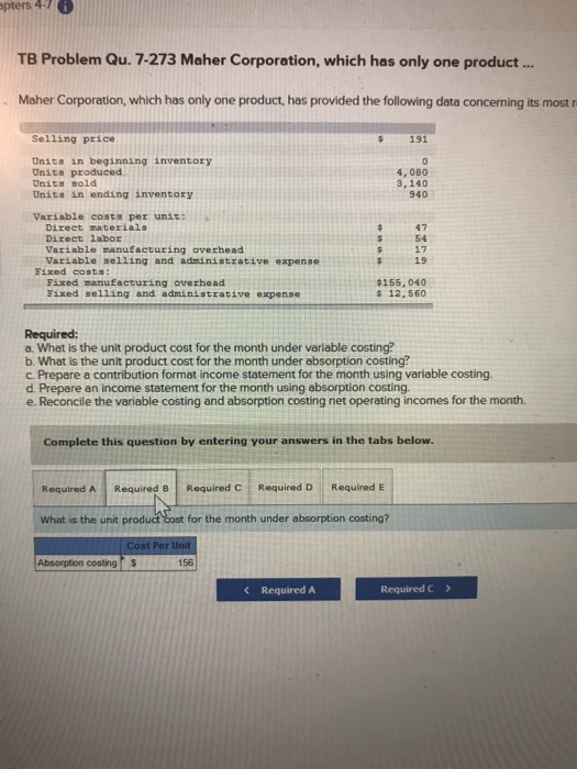 mpters 470 TB Problem Qu. 7-273 Maher Corporation, which has only one product .... Maher Corporation, which has only one prod