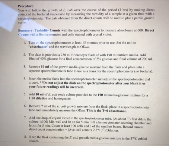 Procedure: You will follow the growth of E. coli over the course of the period (3 hrs) by making direct counts of the bacteri