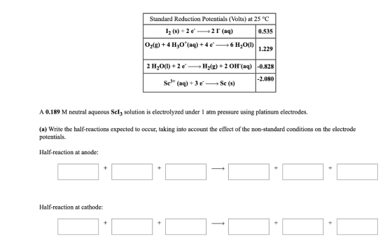 Standard Reduction Potentials (Volts) at 25 °C I2 (s)+2 e>2 r(aq) 0.535 0 8)+4 H,o (a)+6 H,00) 1.229 2 H200)+2eH2g)+2 OH(aq)