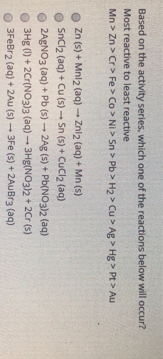 Based on the activity series, which one of the reactions below will occur? Most reactive to least reactive Mn> Zn > Cr> Fe >