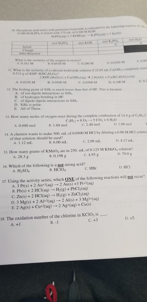 phoric acid reacts with potassium hydroxide as indicated by the follewing reaction. If 1se. 0.200 M H,PO is mixed with 175 ml. of 0 300 M KOH 10 mol u po ol KOH mol H O Changs After Reaction What is the molarity of the reagent in excess? A. 0.161 M B. 0.0538 M C 0.200 MM D. 0.0385 M F 0.09 11. What is the molarity of a calcium hydroxide solution if 25.05 ml. CatOH) completely react 0.512 g of KHP (KHCMO4)? A. 0.0250 M B. 0.0500 M C. 0.0300 M D. 0.100 NM E.0.2 12. The boiling point of SiHs is much lower than that of HF. This is because A. of ion-dipole interactions in SiHa B. of hydrogen bonding in HF C. of dipole-dipole interactions in SiHa D. SiHs is polar E. All of These. 13. How many moles of oxygen react during the complete combustion of 14.4 g of CsH1a? Csk 1 12 + 8 O2 ? 5 CO2 + 6 H2O C, 2.40 mol ?, 0.600 mol B. 1.60 mol D. 1.00 mol 14. A chemist wants to make 500. mL of 0.0500 M HCI by diluting a 6.00 M HC1 solutio of that solution should be used? A. 1.12 mL B. 6.00 mL C. 2.09 mL D. 4.17 ml 15. How many grams of KMnO4 are in 250. mL of 0.125 M KMnO, solution? D. 79.0 g A. 28.3 g B. 0.198 g C. 4.93 g 16. Which of the following is a not strong acid? A. H2SO4 B. HCIO4 C. HBr D. HCI 17. Using the activity series, which ONE of the following reactions will not occur? A. 3 Pt(s) +2 Au+3(aq) 2 Au(s) +3 Pt+2(aq) B. Pb(s) + 2 HCl(aq) H2(g) +PbCl2(aq) C. Zn(s) + 2 HCI(aq) H2(g) + ZnCl2(aq) D. 3 Mg(s) +2 Al+3(aq) 2 Al(s) +3 Mg2+(aq) E. 2 Ag(s) + Cu+2(a)2 Ag+(aq) +Cu(s) 18. The oxidation number of the chlorine in KCIO3 is ?.+3 D. +5 A. +1 ?.-1