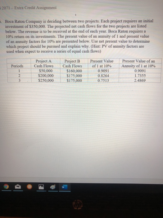 2071 - Extra Credit Assignment . Boca Raton Company is deciding between two projects. Each project requires an initial invest
