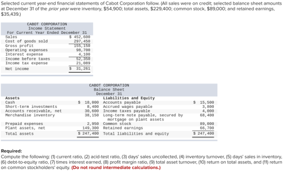 Selected current year-end financial statements of Cabot Corporation follow. (All sales were on credit; selected balance sheet