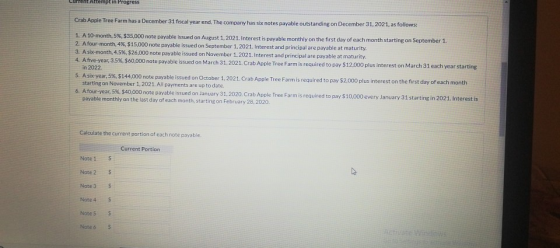 Attempt in Progress Crab Apple Tree Farm has a December 31 fiscal year end, The company has six notes payable outstanding on
