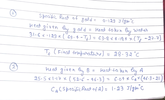 Specific heat of gold = 0.129 Jlgmc Heat given bey gold = heat taken by water 31.6x129 x [69.4 -TE) = 63-8X4.184 x (Te -27.7)