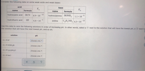 Consider the following data on some weak acids and weak bases: base acid name к A formula name formula hydrocyanic acid HCN 4