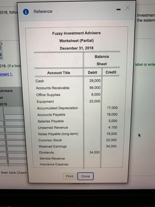 2018, folloy i Reference Investmen the statem Fuzzy Investment Advisers Worksheet (Partial) December 31, 2018 Balance Sheet 0