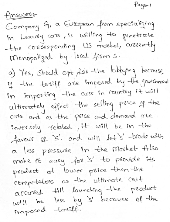 Page 1 Answer: Company G, a European firm specializing in Luxury cards, is willing to penetrate the corresponding US market,