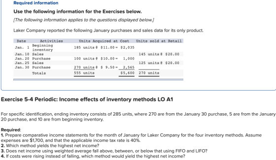 Required information Use the following information for the Exercises below. (The following information applies to the questio