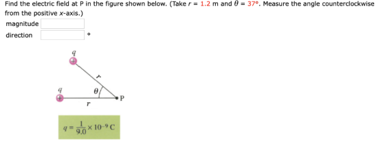 Find the electric field at P in the figure shown below. (Take r= 1.2 m and θ-370. Measure the angle counterclockwise from the positive x-axis.) magnitude direction 7 9.0 x 10-9 C