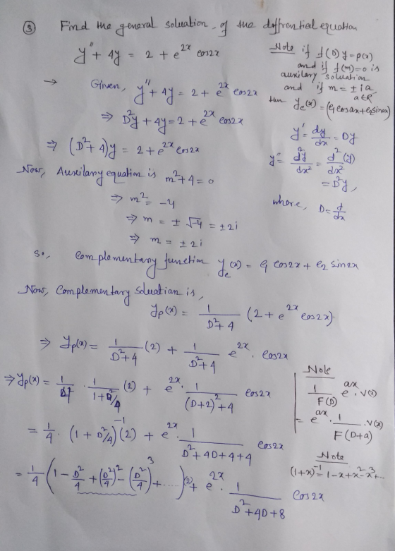 2x Note if t(o) y - P(x) Cos2x Given, Find the general soluation of the diffrential equation y + 4y = 2 te and if f(m)=o is a