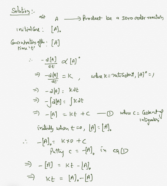 solution: A - Product be a zero order reaction Let initial Core: Concentrates after (a). [A] time t jilat - d[A] 2 [A] > -d]