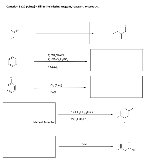 Question 3 (20 points) – Fill in the missing reagent, reactant, or product V 1) CH,CVAICI, 2) KMnO4/H2SO4 3 SOCI, CI(3 eq) Fe