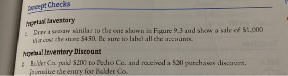 Concept Checks Perpetual Inventory Draw a seesaw similar to the one shown in Figure 9.3 and show a sale of $1,000 that cost t