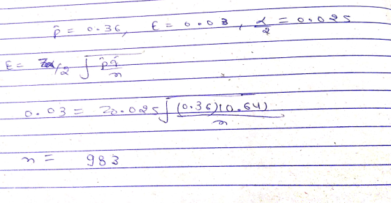 De 0.36 = 0.03 0.0PS 0.03 = 20 10.36)10.64 n = 983