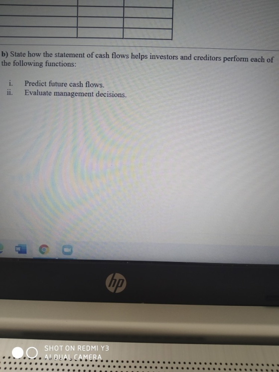 b) State how the statement of cash flows helps investors and creditors perform each of the following functions: i. ii. Predic