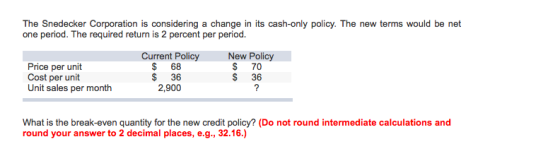 The Snedecker Corporation is considering a change in its cash-only policy. The new terms would be neft one period. The required return is 2 percent per period. Current Policy $ 68 S 36 2,900 New Policy S 70 $ 36 Cost per unit Unit sales per month What is the break-even quantity for the new credit policy? (Do not round intermediate calculations and round your answer to 2 decimal places, e.g., 32.16.)