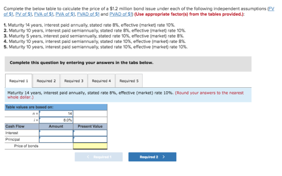 Complete the below table to calculate the price of a $1.2 million bond issue under each of the following independent assumpti