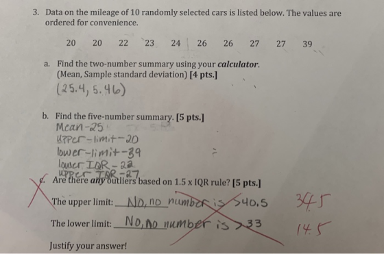 3. Data on the mileage of 10 randomly selected cars is listed below. The values are ordered for convenience. 20 20 22 23 24 26 26 27 27 39 Find the two-number summary using your calculator. (Mean, Sample standard deviation) [4 pts.] a. (25.4, 5.4 b. Find the five-number summary. [5 pts.] Mcan-25 uxper-limita lbwer-limit-39 lower IAR-2a Are there any outliers based on 1.5 x IQR rule? [5 pts.] The upper limit:-一ND,no numbe、、 S40.5 The lower limit: NDno number is33 Justify your answer!