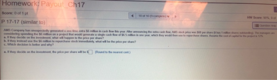 Homework: Payout Ch17 Score: 0 of 1 pt 10 of 10 (9 complete) HW Score: 90%, 9 of P 17-17 (similar to) EQuestion Hclp AMS Comp