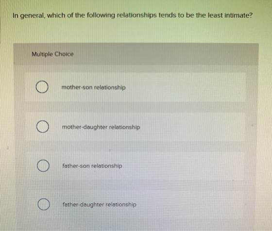 In general, which of the following relationships tends to be the least intimate? Multiple Choice mother-son relationship moth