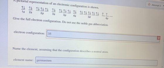 A pictorial representation of an electronic configuration is shown. Attempt 3 to Tu Te Tu Hai Tu To Me Te Te TU TU TU TU 11 -