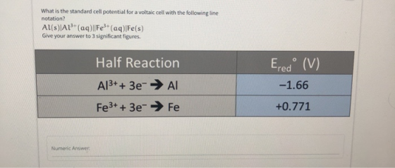 What is the standard cell potential for a voltaic cell with the following line notation? Al(s)[A1+ (aq)||Fe3+ (aq) Fe(s) Give