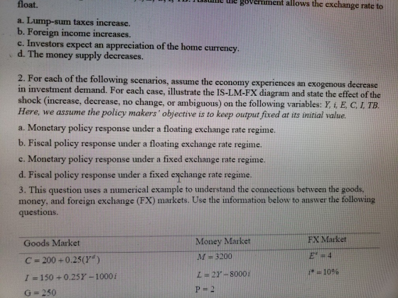 Uni ule government allows the exchange rate to float. a. Lump-sum taxes increase. b. Foreign income increases. c. Investors e