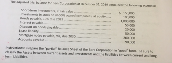 The adjusted trial balance for Berk Corporation at December 31, 2019 contained the following accounts: Short-term Investments
