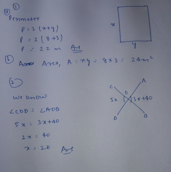 Denmeter P = 2 (nty) = 2 ( 8+3) P - 22 m P Aus Ч Asso Area, A ny = 8x3= 24m2 A We know sa 3x+40 LCOD = LAOB B D 5a = 30+40 2x