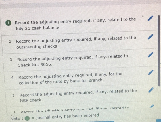 1 Record the adjusting entry required, if any, related to the July 31 cash balance. 2 Record the adjusting entry required, if