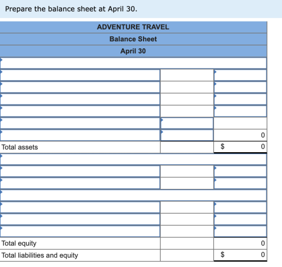 Prepare the balance sheet at April 30. ADVENTURE TRAVEL Balance Sheet April 30 $ Total assets Total equity Total liabilities