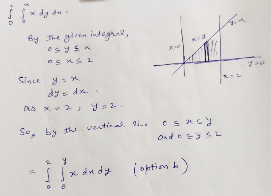 So, by the vertical line x dy dn. In x=y By the given integral, os y sa os as a x=0 y=0 x=2 Since yan dy = dx . as x = 2 y=2.