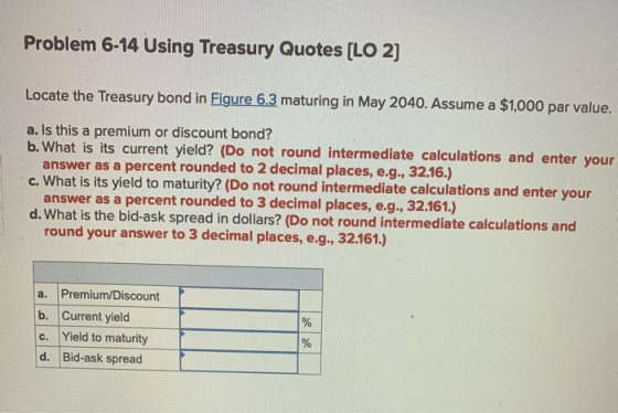 Problem 6-14 Using Treasury Quotes (LO 2] Locate the Treasury bond in Figure 6.3 maturing in May 2040. Assume a $1,000 par va